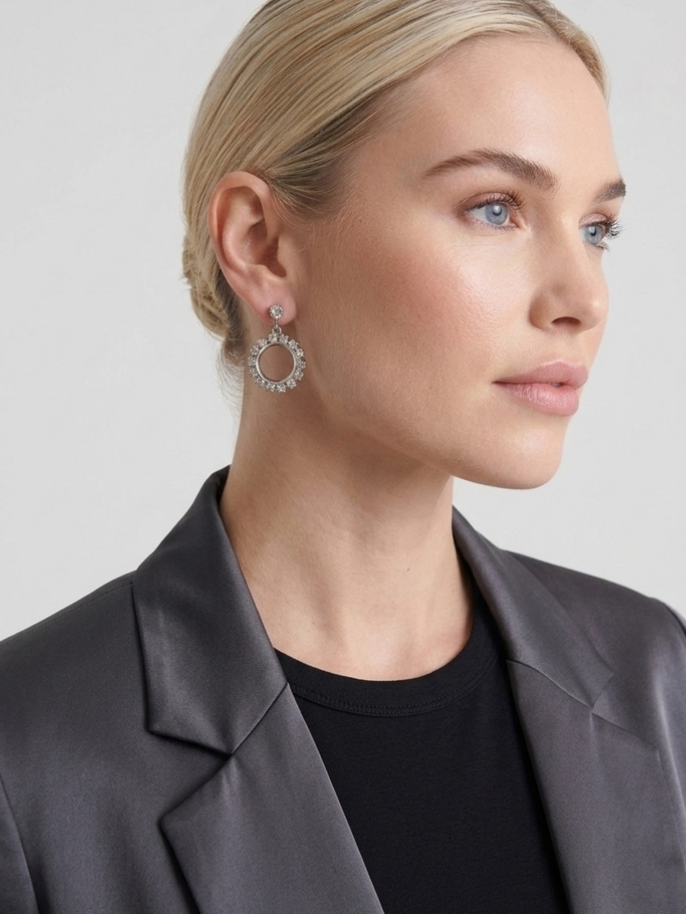 Vintage Silver Tone Crystal Circle Drop Earrings